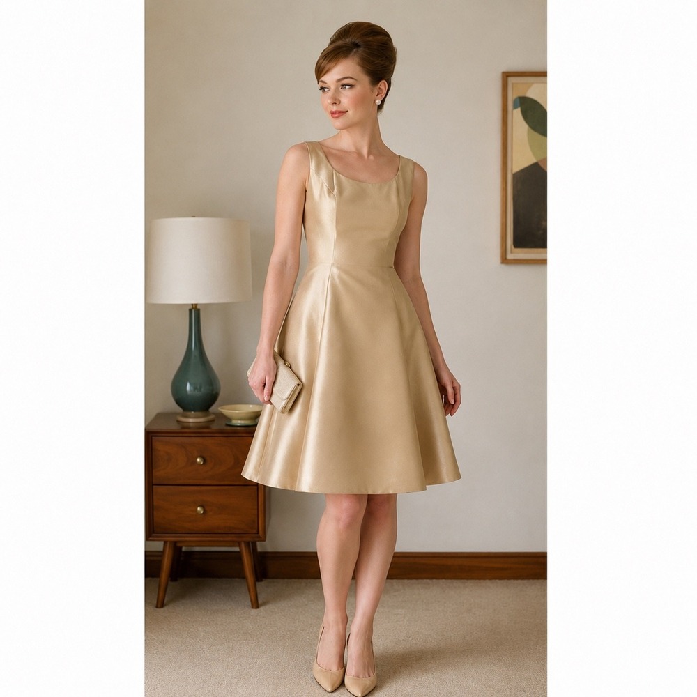 Vintage ILGWU Champagne Satin Fit & Flare Dress Retro 60's Cocktail Dress Medium